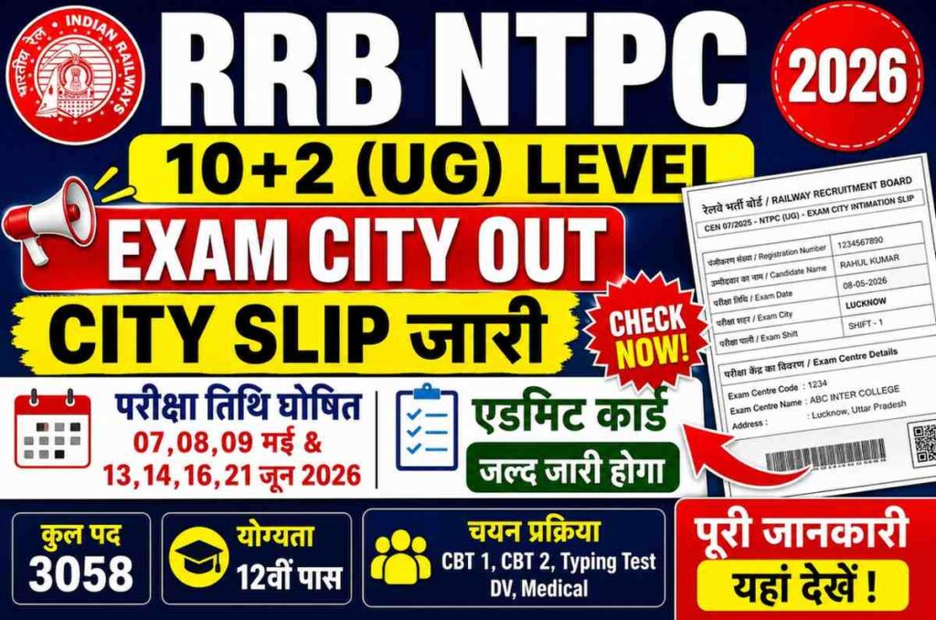 RRB NTPC UG Exam City Details 2026