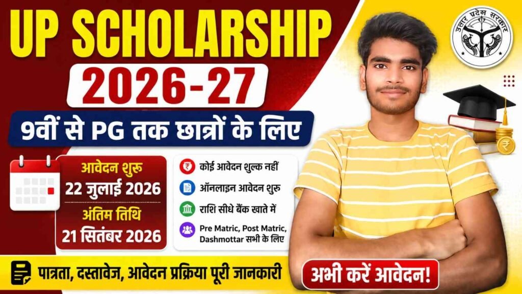 UP Scholarship Online Form 2026-27: 9वीं से PG तक छात्रों के लिए आवेदन शुरू, जानें पात्रता, दस्तावेज, आवेदन प्रक्रिया और पूरी जानकारी 1 UP Scholarship Online Form 2026-27