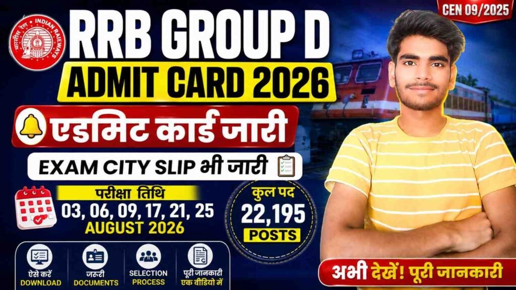 Railway RRB Group D Admit Card 2026 जारी – यहाँ से डाउनलोड करें, Exam City Slip, परीक्षा तिथि और पूरी जानकारी 1 Railway RRB Group D Admit Card 2026