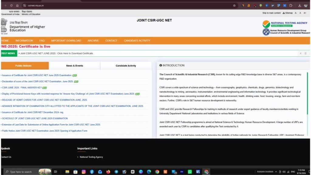 NTA CSIR UGC NET June Answer Key 2026