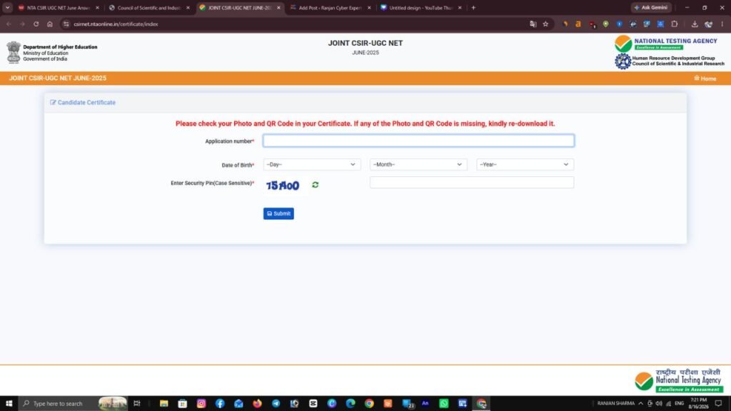 NTA CSIR UGC NET June Answer Key 2026