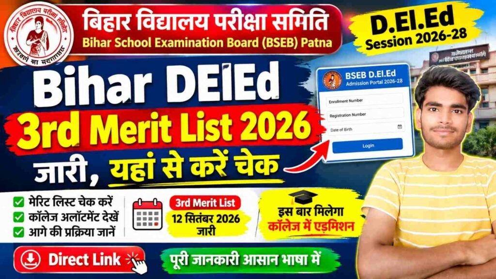 Bihar BSEB DElEd 3rd Merit List 2026 Out: यहां से करें चेक, कॉलेज अलॉटमेंट और जरूरी जानकारी 1 Bihar BSEB DElEd 3rd Merit List 2026