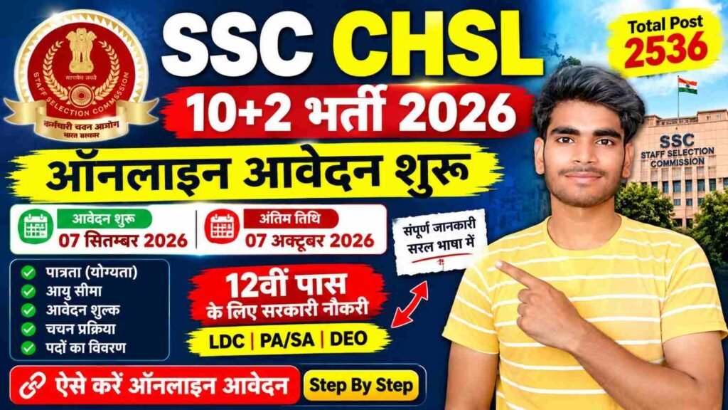 SSC CHSL 10+2 Recruitment 2026: 2536 पदों पर भर्ती, ऑनलाइन आवेदन शुरू 1 SSC CHSL Inter Lavel Recruitment 2026