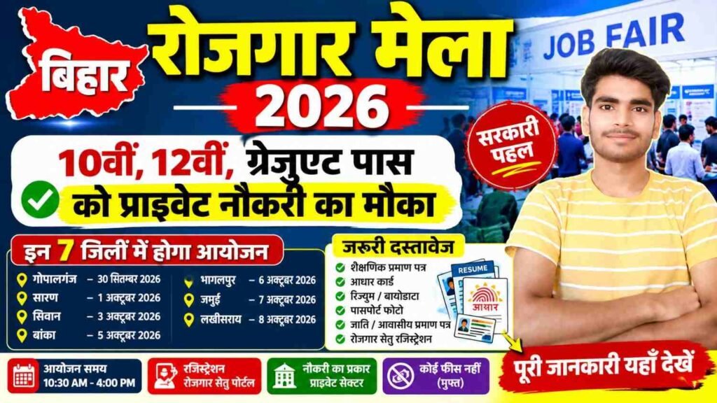 Bihar Rojgar Mela 2026: बिहार के 7 जिलों में रोजगार मेला का आयोजन, 10वीं, 12वीं और ग्रेजुएट युवाओं को नौकरी पाने का मौका 1 Bihar Rojgar Mela 2026